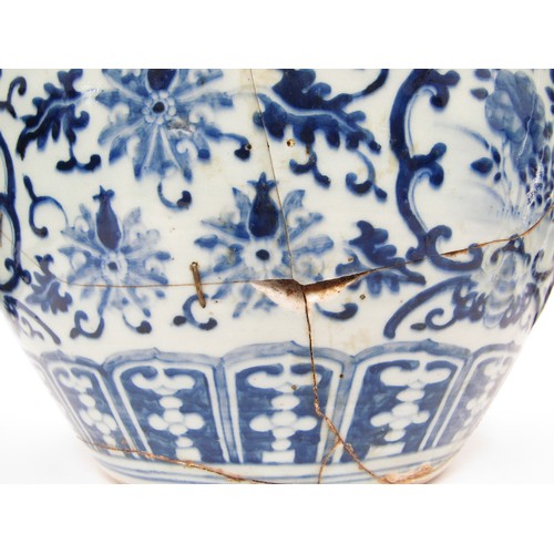 9039 - A Chinese blue and white jardinière in the Ming style, all-over scrolled foliate patterns, 35.5cm di... 
