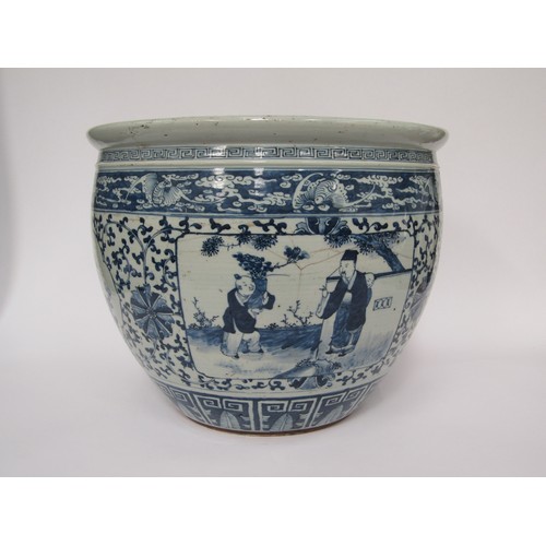 9038 - A Chinese blue and white jardinière with figural and foliate cartouches, bar and cloud border, 26cm ... 