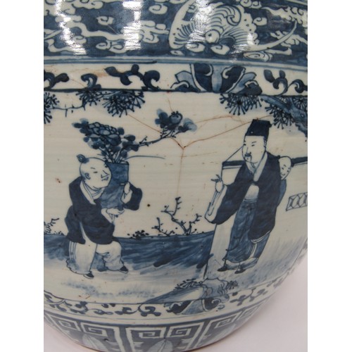 9038 - A Chinese blue and white jardinière with figural and foliate cartouches, bar and cloud border, 26cm ... 