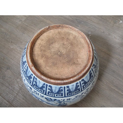 9038 - A Chinese blue and white jardinière with figural and foliate cartouches, bar and cloud border, 26cm ... 