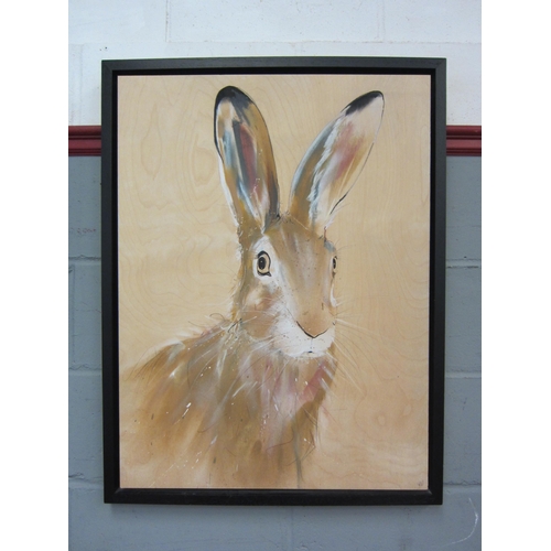1040 - A mixed media on birch, study of a hare, monogrammed lower right, framed, 80cm x 60cm image size