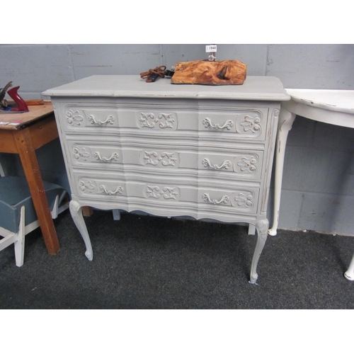 1049 - A French grey painted chest of three drawers, on scroll feet, 79cm high x 82cm wide x 39cm deep