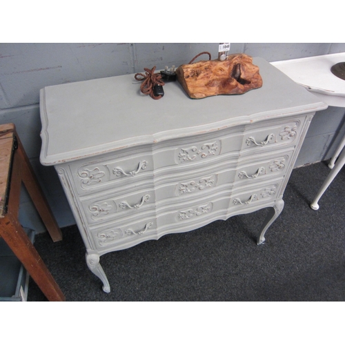 1049 - A French grey painted chest of three drawers, on scroll feet, 79cm high x 82cm wide x 39cm deep