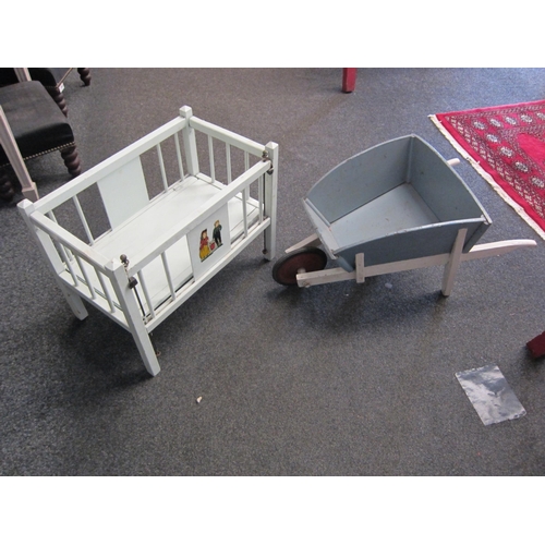1054 - A mid century white painted children’s play cot and a wheelbarrow (2)