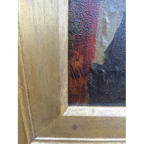 9019 - A late 19th century oil on canvas of a seated mother and child on a garden bench. Indistinctly signe... 