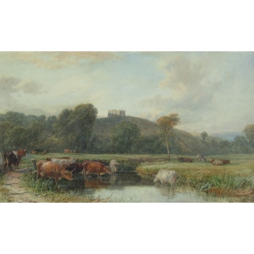 9018 - HENRY BRITTAN WILLIS (1810-1884): A gilt framed and glazed watercolour, cattle in valley river with ... 