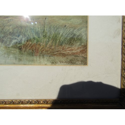 9018 - HENRY BRITTAN WILLIS (1810-1884): A gilt framed and glazed watercolour, cattle in valley river with ... 
