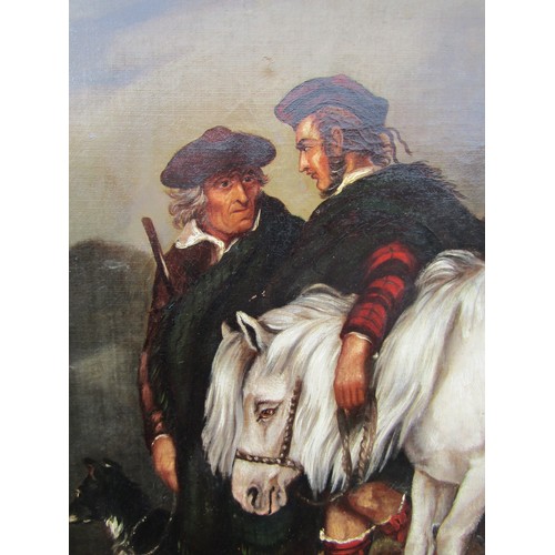 9045 - A 19th Century oil on canvas depicting a Scottish scene, after the hunt with stags laid over pony ba... 