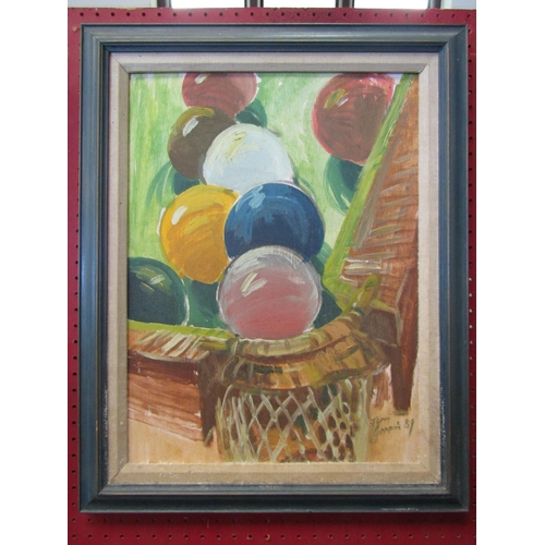 1090 - TERRY COPPIN (b.1939): A framed acrylic on board of balloons.  Signed and dated 1987.  Image size 45... 