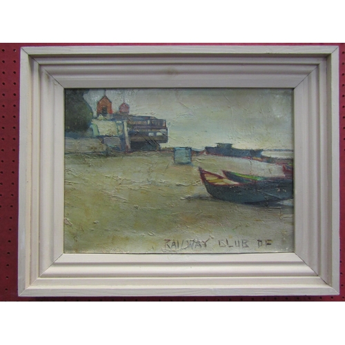 1101 - An abstract oil on canvas of a beach scene with dinghies, signed 