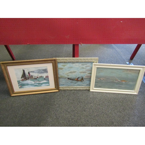 1103 - B J FULLER:  Two oils on board depicting a Lowestoft trawler and a lifeboat rescuing a capsized yach... 