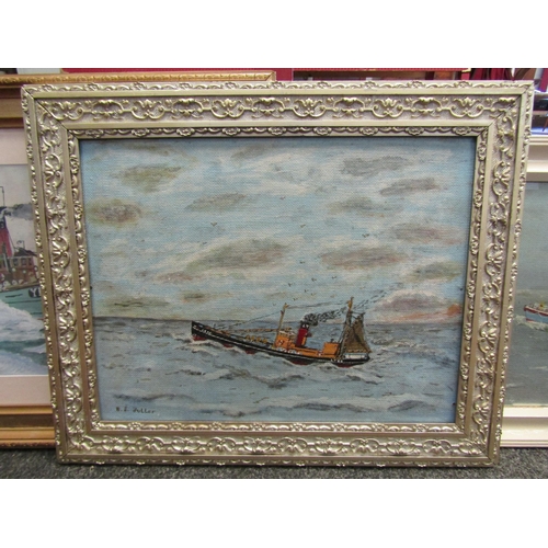 1103 - B J FULLER:  Two oils on board depicting a Lowestoft trawler and a lifeboat rescuing a capsized yach... 