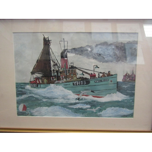 1103 - B J FULLER:  Two oils on board depicting a Lowestoft trawler and a lifeboat rescuing a capsized yach... 