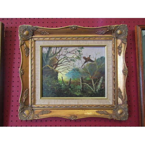 1105 - A gilt framed oil on board of a rural scene with pheasant in flight, 19 x 24cm image size