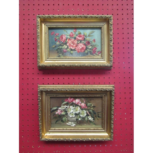 1111 - DOROTHY GARRETT (local artist): A pair of still life oils on board of flowers, both signed and ornat... 