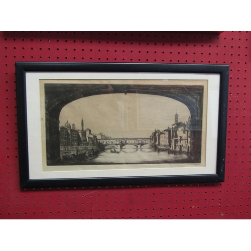 1115 - S.Tushingham: An etching of Florence bridge, framed and glazed, foxing present, 21cm x 39cm image si... 