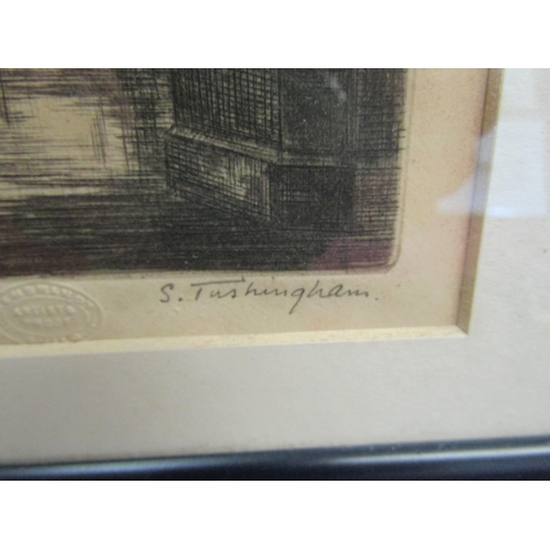 1115 - S.Tushingham: An etching of Florence bridge, framed and glazed, foxing present, 21cm x 39cm image si... 