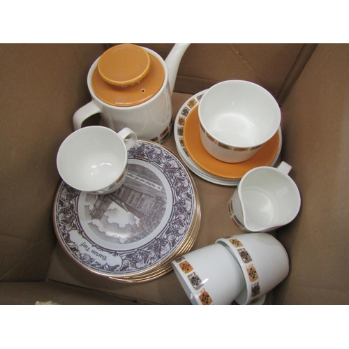 1154 - Two boxes containing assorted glass and ceramics including Meakin part coffee set, Portmeirion bowl,... 