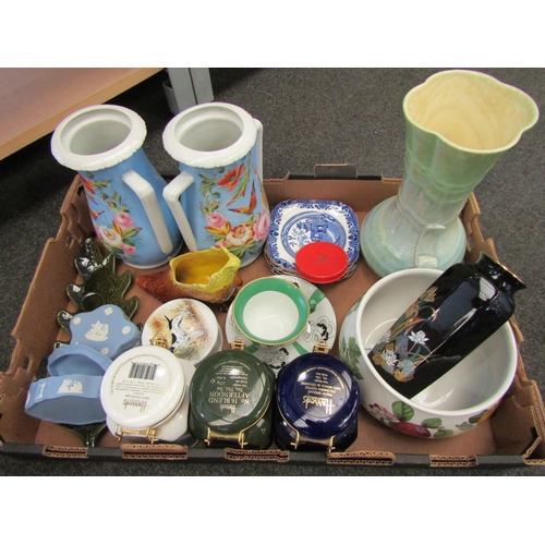 1154 - Two boxes containing assorted glass and ceramics including Meakin part coffee set, Portmeirion bowl,... 