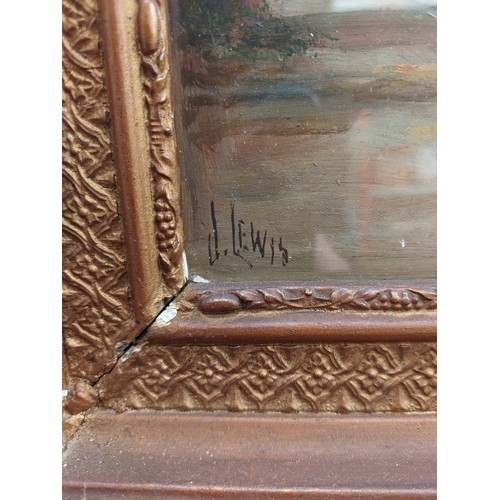 1250 - J.Lewis an oil depicting a river scene, signed lower left gilt framed and glazed. Together with a wa... 