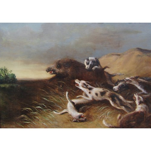 9012 - A 19th Century oil on canvas depicting a Wild Boar Hunt with six hounds bringing down a large boar. ... 