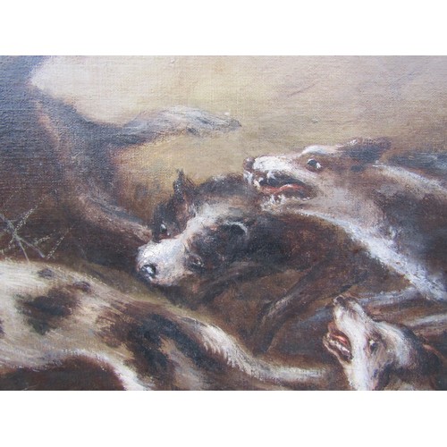 9012 - A 19th Century oil on canvas depicting a Wild Boar Hunt with six hounds bringing down a large boar. ... 