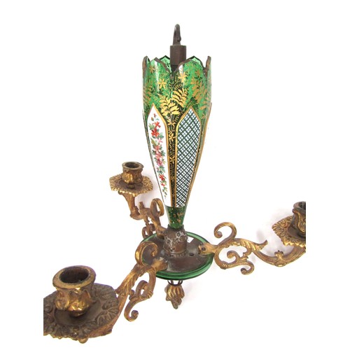 9028 - A circa 1900 gilt brass and Bohemian green glass ceiling chandelier, enamelled floral decoration, en... 