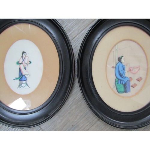 9025 - Four late 19th Century Oriental paintings on silk two depicting a female figure in the act of making... 