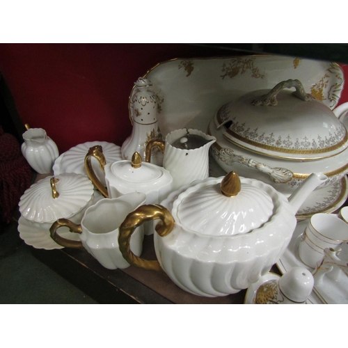 4008 - A selection of white ground and gilt embellished table wares including tureen, tea wares, Royal Albe... 