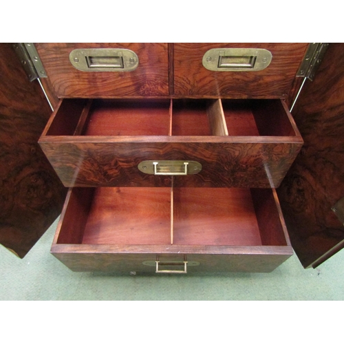 4013 - A figured walnut desktop campaign chest having two short over two long compartmented drawers, later ... 