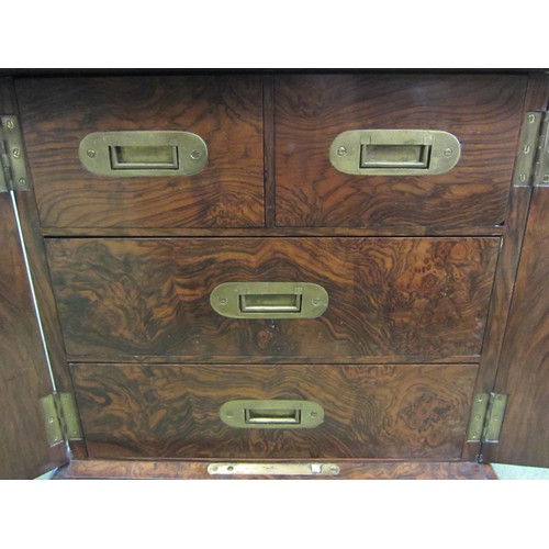 4013 - A figured walnut desktop campaign chest having two short over two long compartmented drawers, later ... 