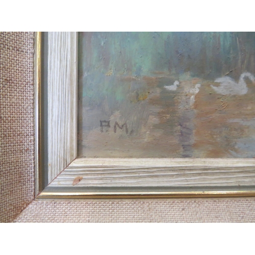 1088 - PAULINE MARSHALL (XX) A framed oil on board.  'Poplars at Dedham Mill'.  Label verso.  Image size 37... 