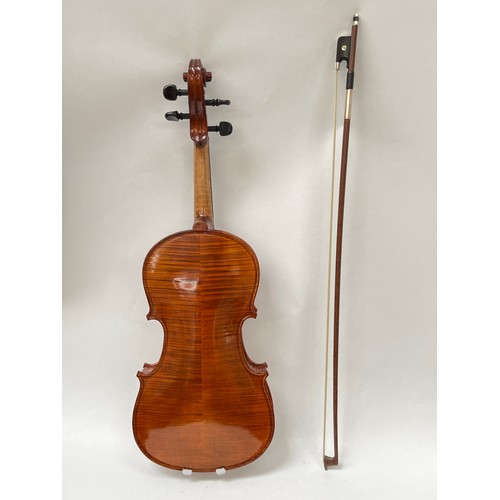 8056 - A mid-late 20th Century viola, full size (4/4), two piece figured  back, no maker visible, with Dorf... 