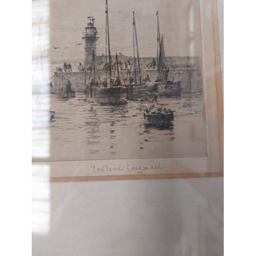 1076 - A Rowland Langmaid (1897-1956) etching depicting boats and figures by quayside lighthouse, blindstam... 