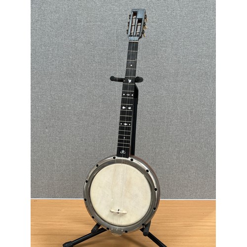 8182 - An Arthur Tilley Patent zither banjo with unusual plated brass surround, mother-of-pearl inlay   (R)... 