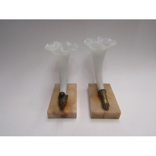 4026 - A matched pair of cornucopia glass trumpet vases in metal holders on marble plinths, tallest 17cm