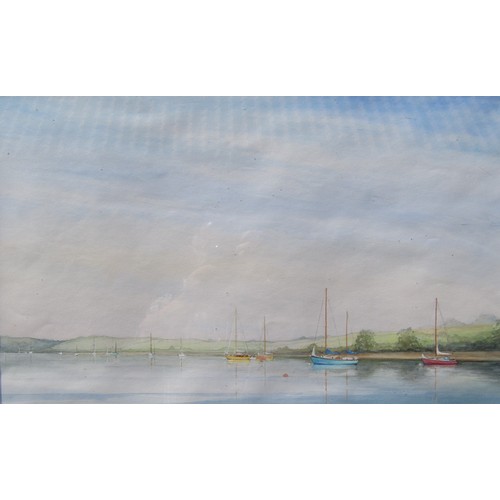 4030 - A 20th Century watercolour depicting moored sail boats on river, framed and glazed, 35cm x 58cm imag... 