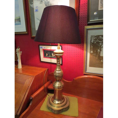 4040 - An early 19th Century Oriental brass table lamp on pierced base with shade, 80cm high including shad... 