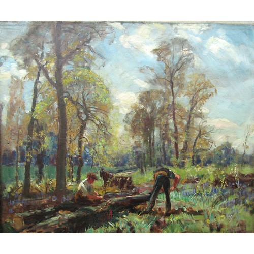 4053 - HENRY MITTON WILSON (1873-1923): An oil on board, woodcutters with horse and cart in woodland cleari... 