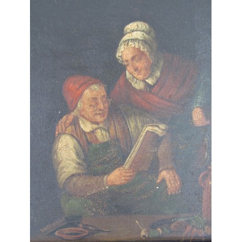 4054 - An early 19th Century Dutch oil on tin, figures in interior reading a book, framed, 14.5cm x 19cm im... 