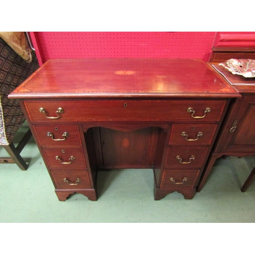 4099 - A 19th Century inlaid mahogany twin pedestal desk of small proportions having seven drawer and kenne... 