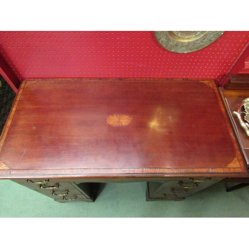 4099 - A 19th Century inlaid mahogany twin pedestal desk of small proportions having seven drawer and kenne... 