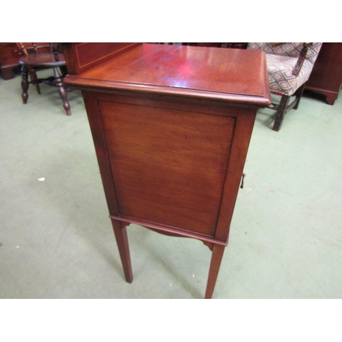 4103 - An Edwardian mahogany line inlaid bedside cabinet the raised back and single door cupboard on square... 