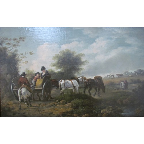 4106 - English School early 19th Century rural landscape depicting family in wagon on road with walking cou... 