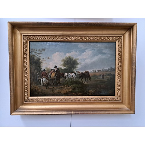 4106 - English School early 19th Century rural landscape depicting family in wagon on road with walking cou... 