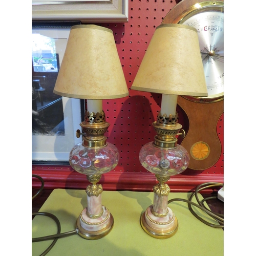 4118 - A pair of 19th Century French brass, oromulu and marble table lamps, dimpled glass reservoirs with s... 