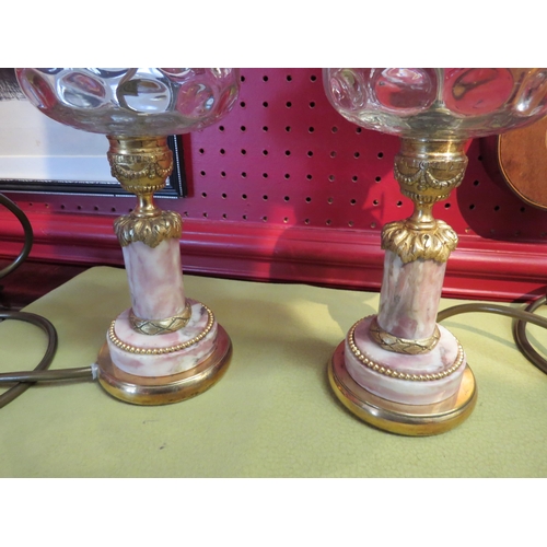 4118 - A pair of 19th Century French brass, oromulu and marble table lamps, dimpled glass reservoirs with s... 