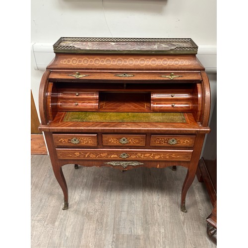 4119 - A 19th Century French marquetry cylinder bureau with figured marble gallery and brass mounts, 107cm ... 