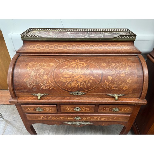 4119 - A 19th Century French marquetry cylinder bureau with figured marble gallery and brass mounts, 107cm ... 