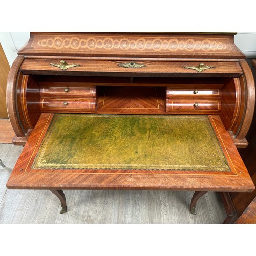 4119 - A 19th Century French marquetry cylinder bureau with figured marble gallery and brass mounts, 107cm ... 